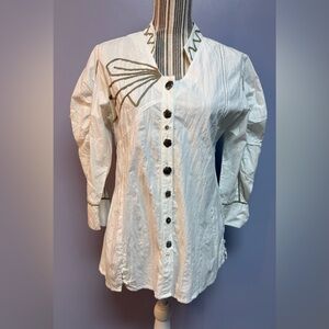 NWT Parsley & Sage White Button-Down embroidered puff sleeve Women's Shirt S